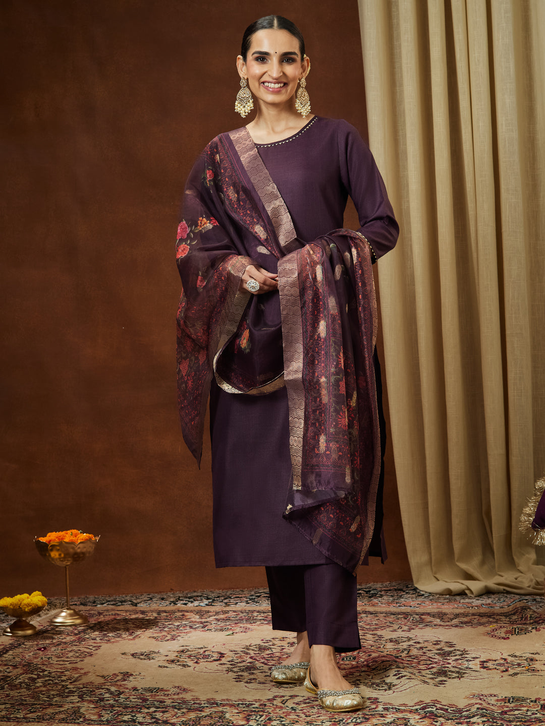 Women's Wine Cotton Blend Solid Straight Kurta Set With Printed Dupatta