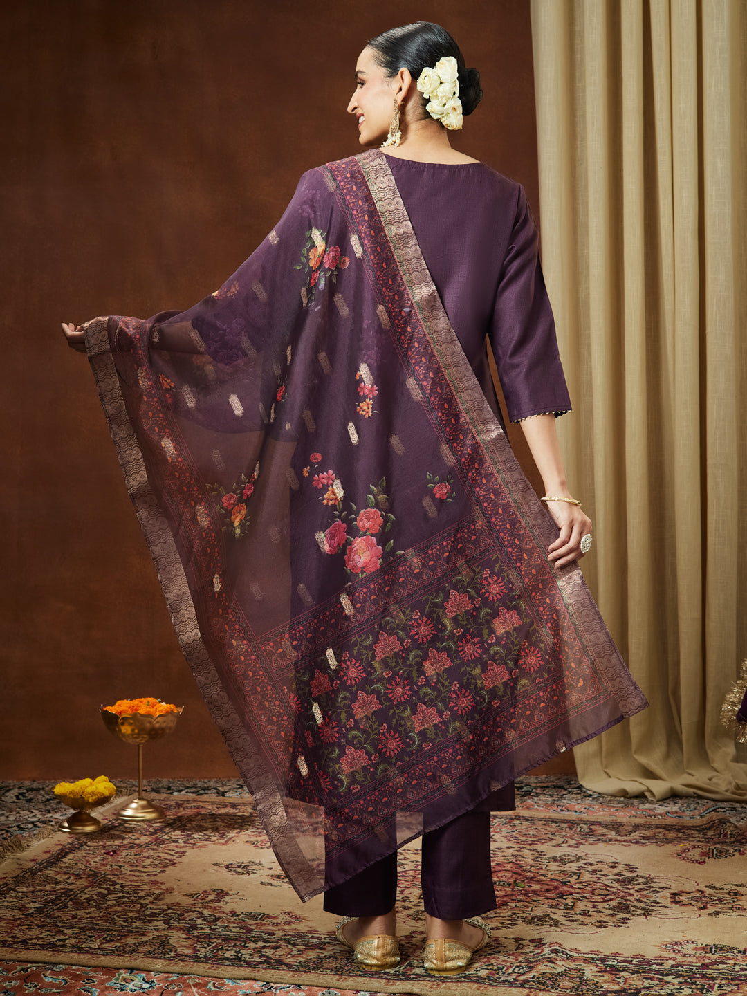 Women's Wine Cotton Blend Solid Straight Kurta Set With Printed Dupatta