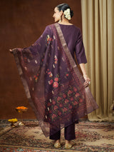 Women's Wine Cotton Blend Solid Straight Kurta Set With Printed Dupatta