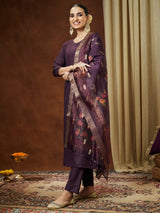 Women's Wine Cotton Blend Solid Straight Kurta Set With Printed Dupatta