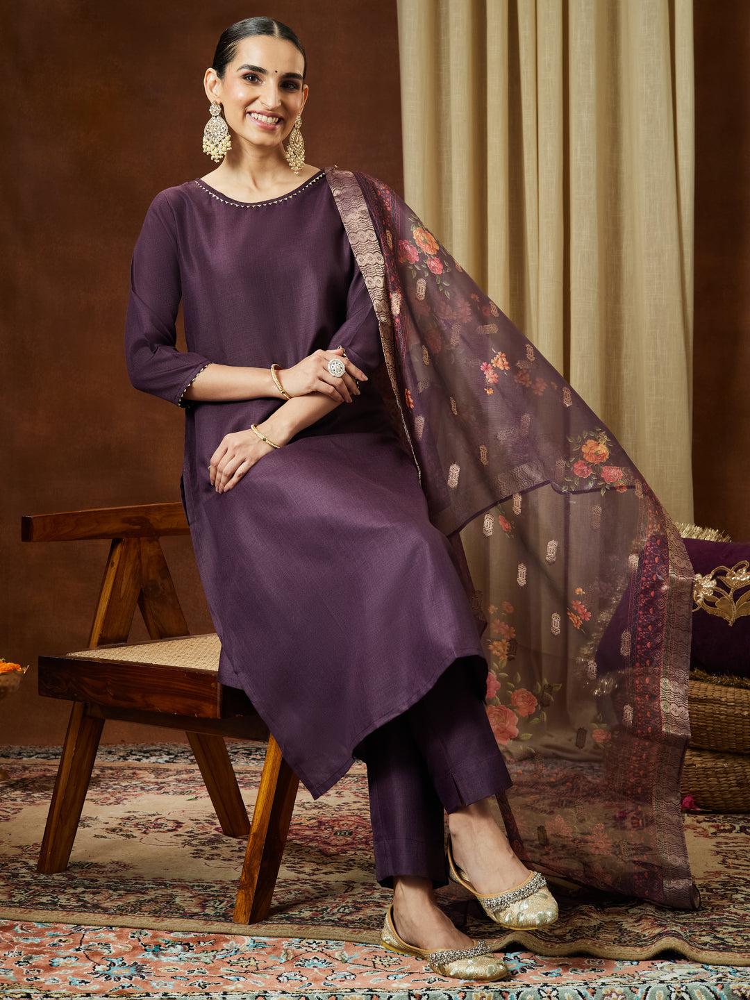 Women's Wine Cotton Blend Solid Straight Kurta Set With Printed Dupatta