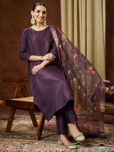 Women's Wine Cotton Blend Solid Straight Kurta Set With Printed Dupatta