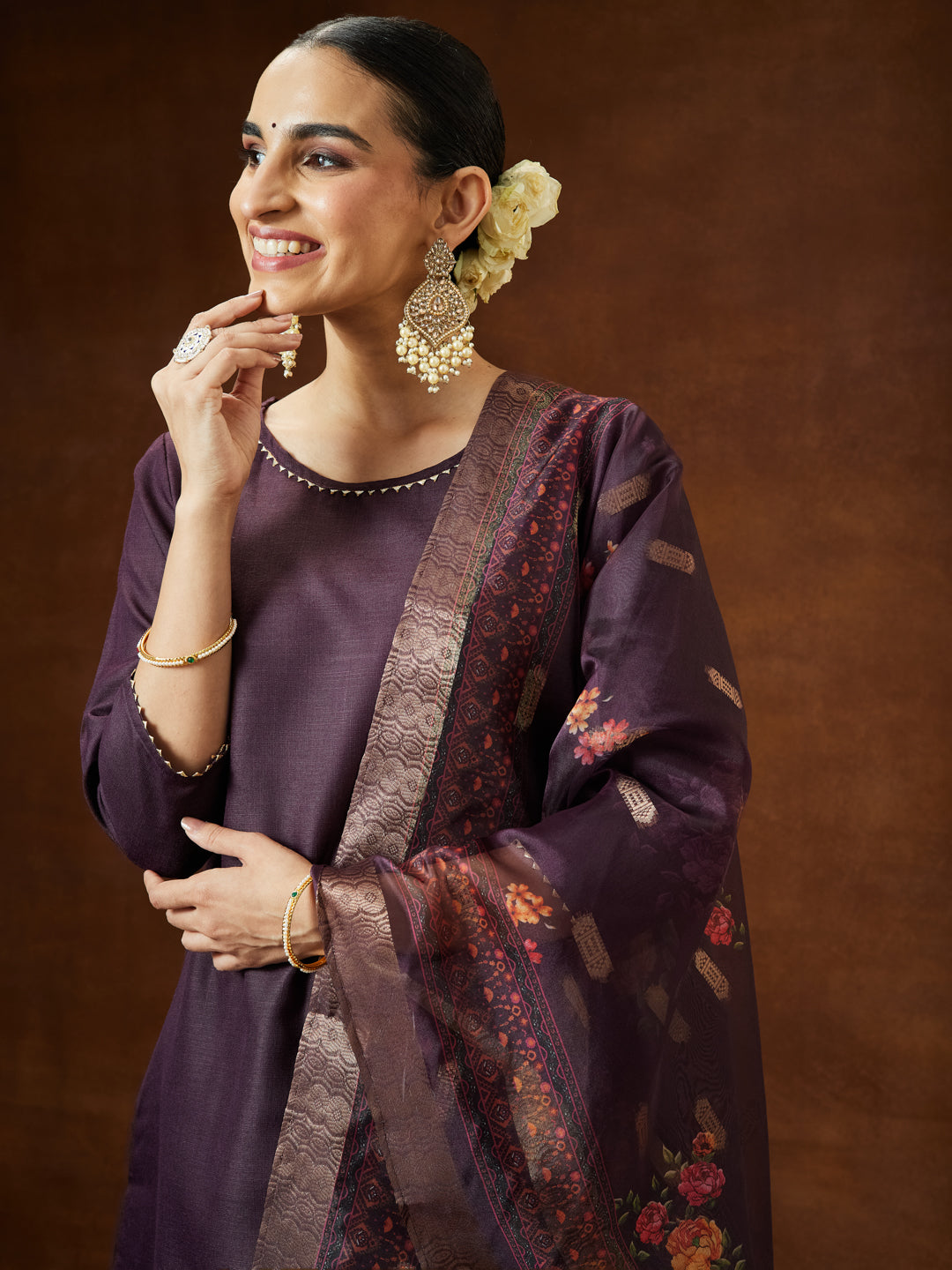 Women's Wine Cotton Blend Solid Straight Kurta Set With Printed Dupatta
