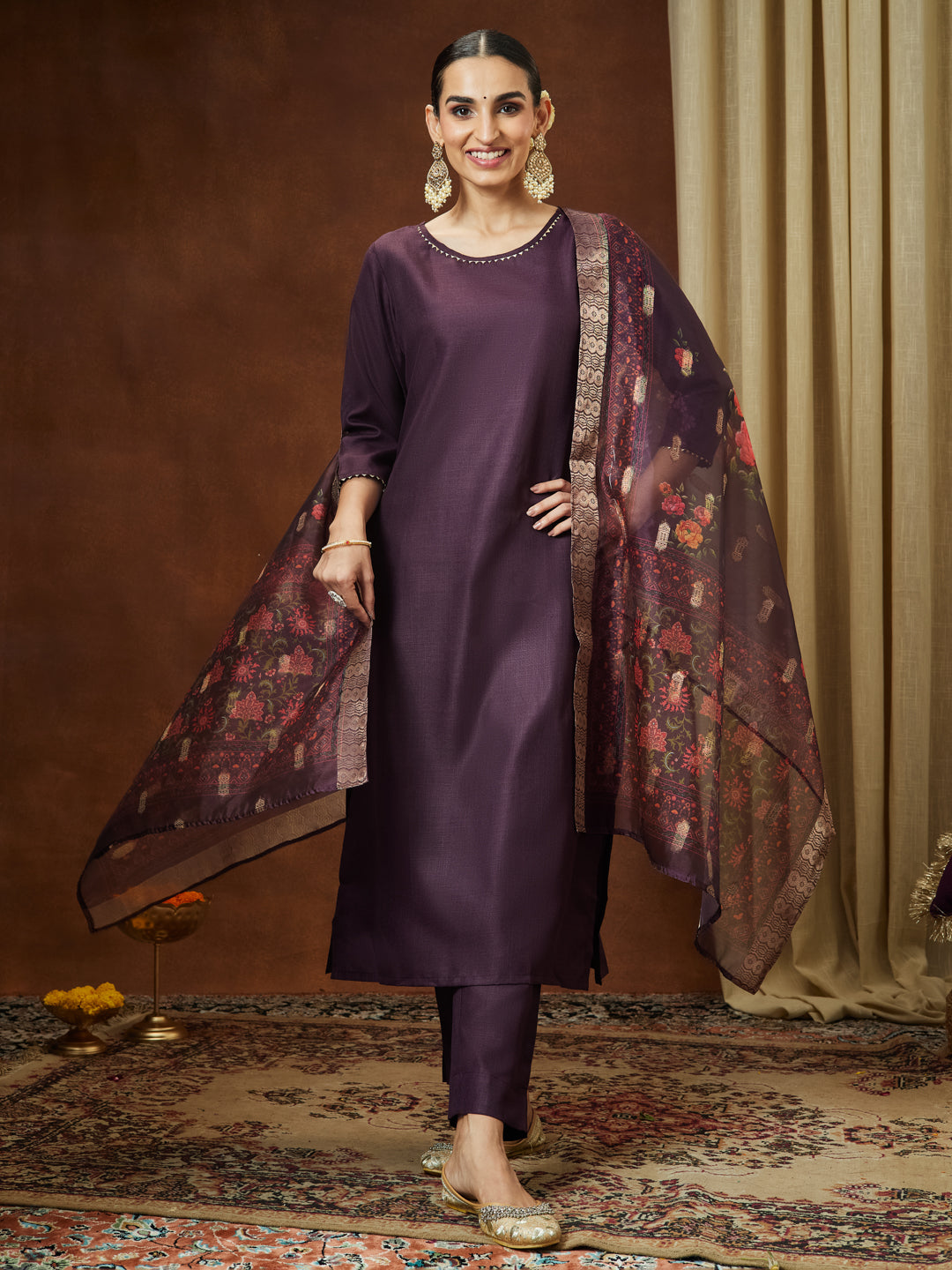 Women's Wine Cotton Blend Solid Straight Kurta Set With Printed Dupatta