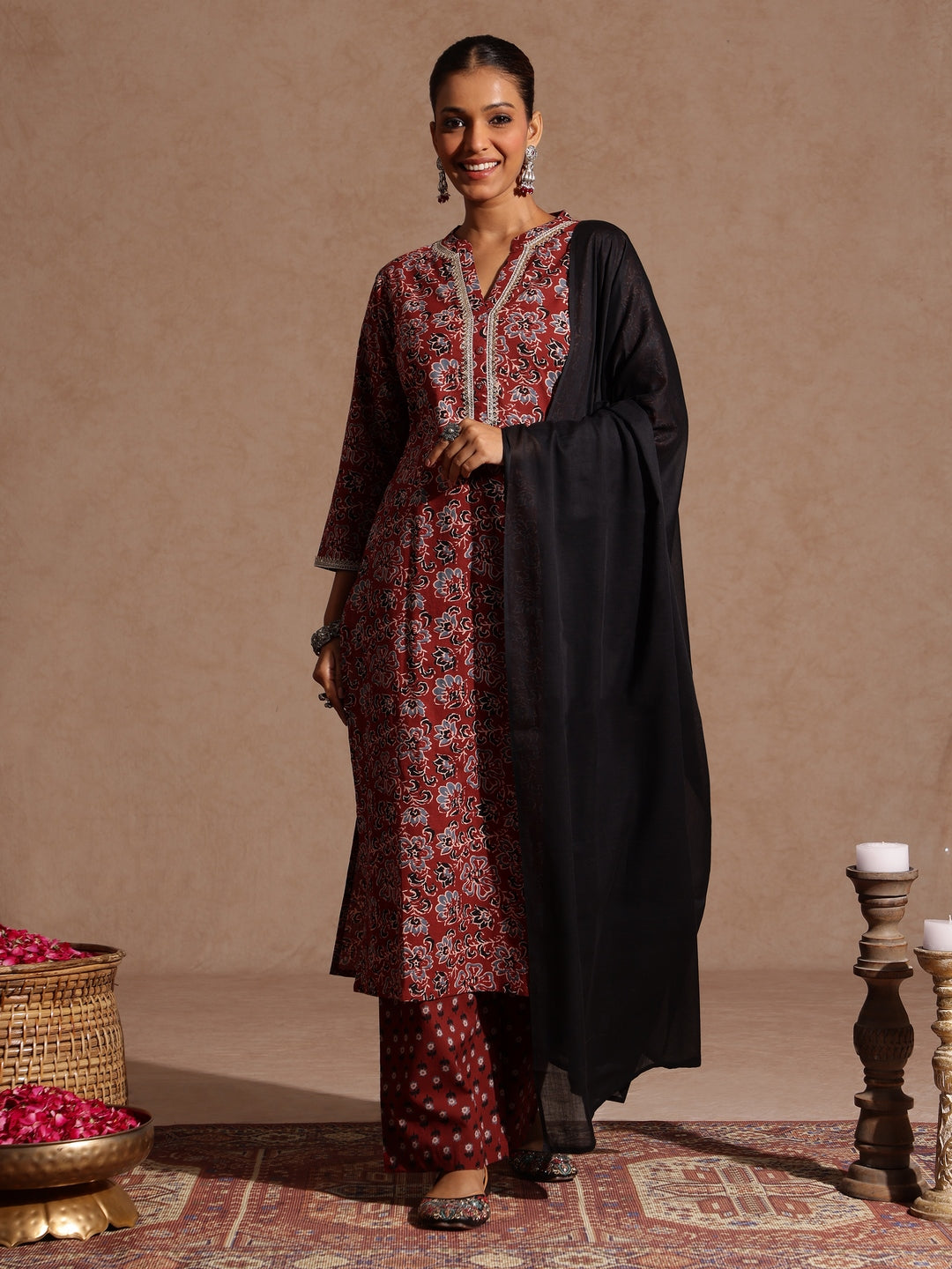 Women's Maroon Pure Cotton Floral Printed Straight Kurta Set