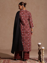 Women's Maroon Pure Cotton Floral Printed Straight Kurta Set