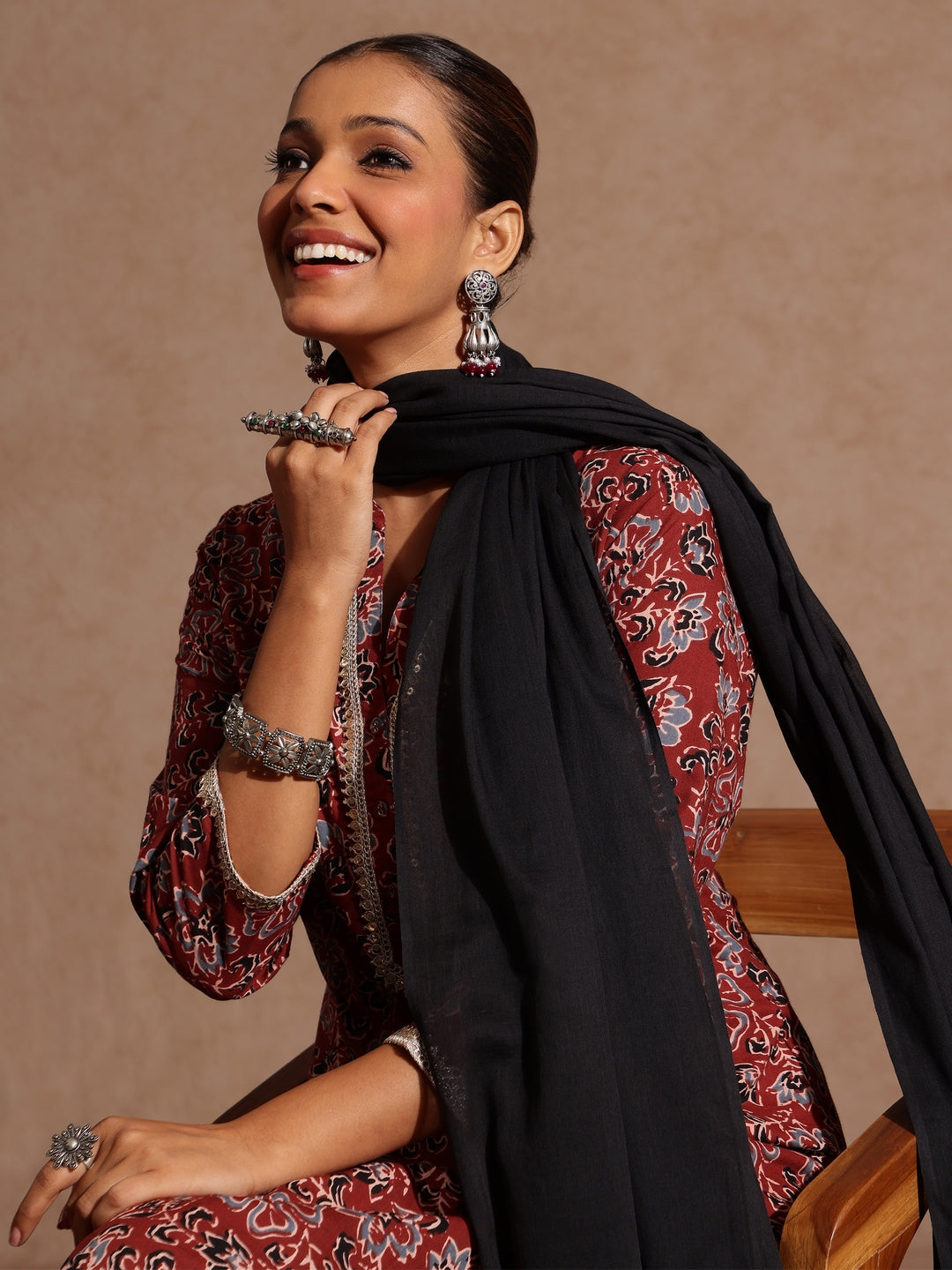 Women's Maroon Pure Cotton Floral Printed Straight Kurta Set