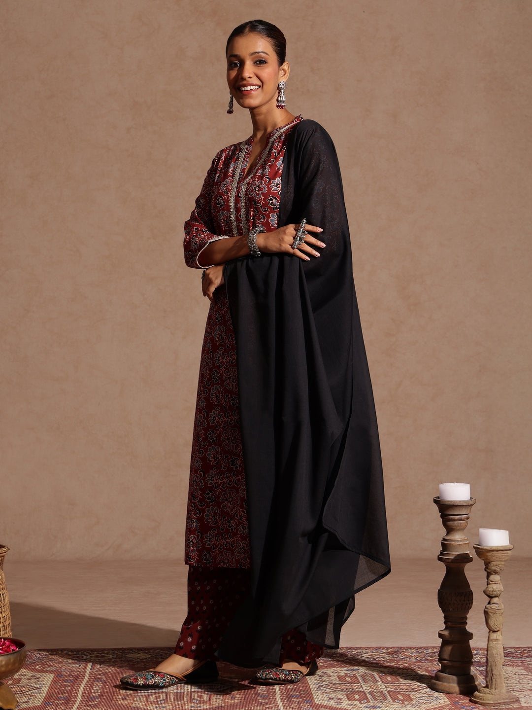 Women's Maroon Pure Cotton Floral Printed Straight Kurta Set