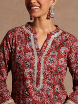 Women's Maroon Pure Cotton Floral Printed Straight Kurta Set