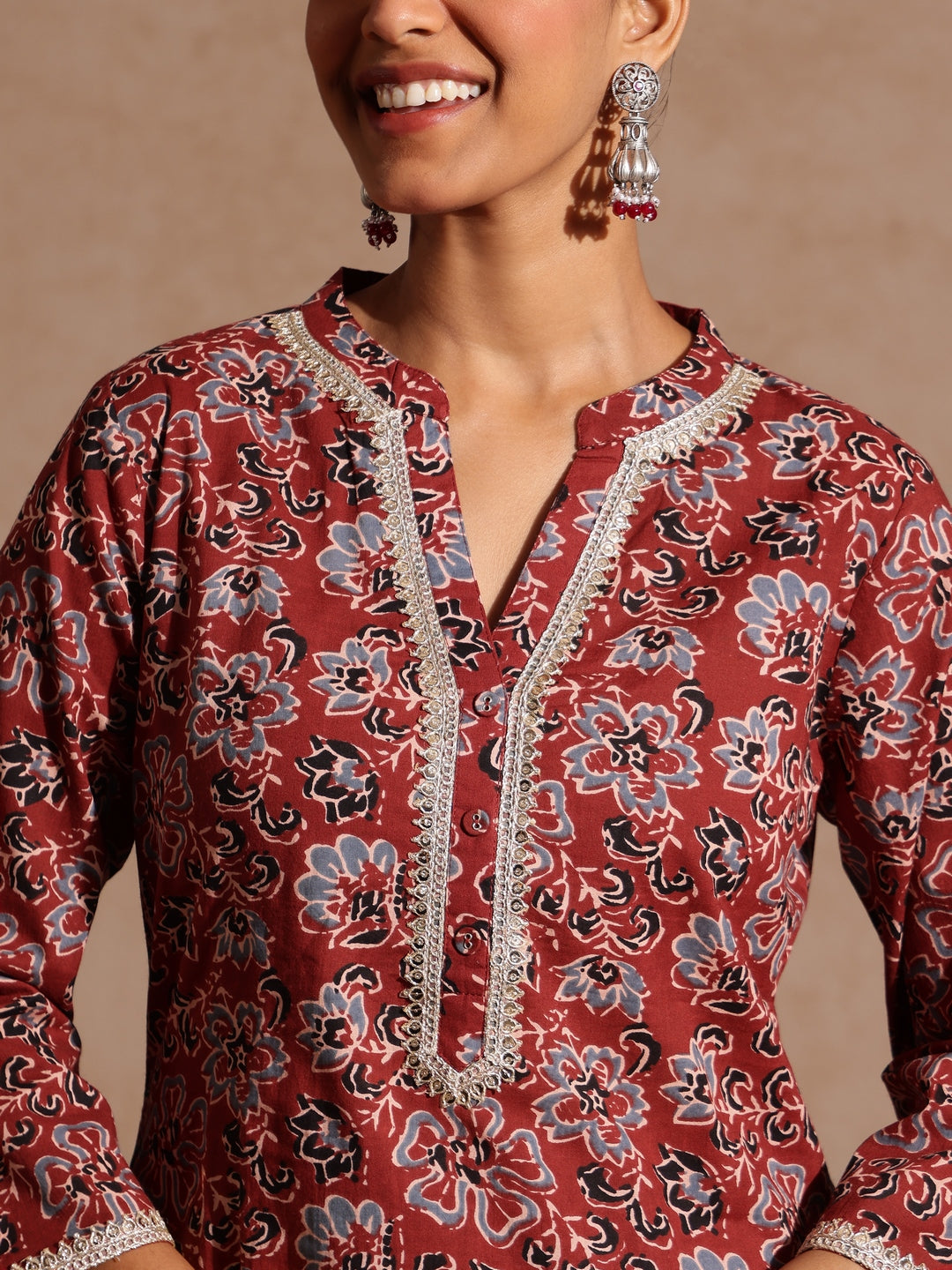 Women's Maroon Pure Cotton Floral Printed Straight Kurta Set