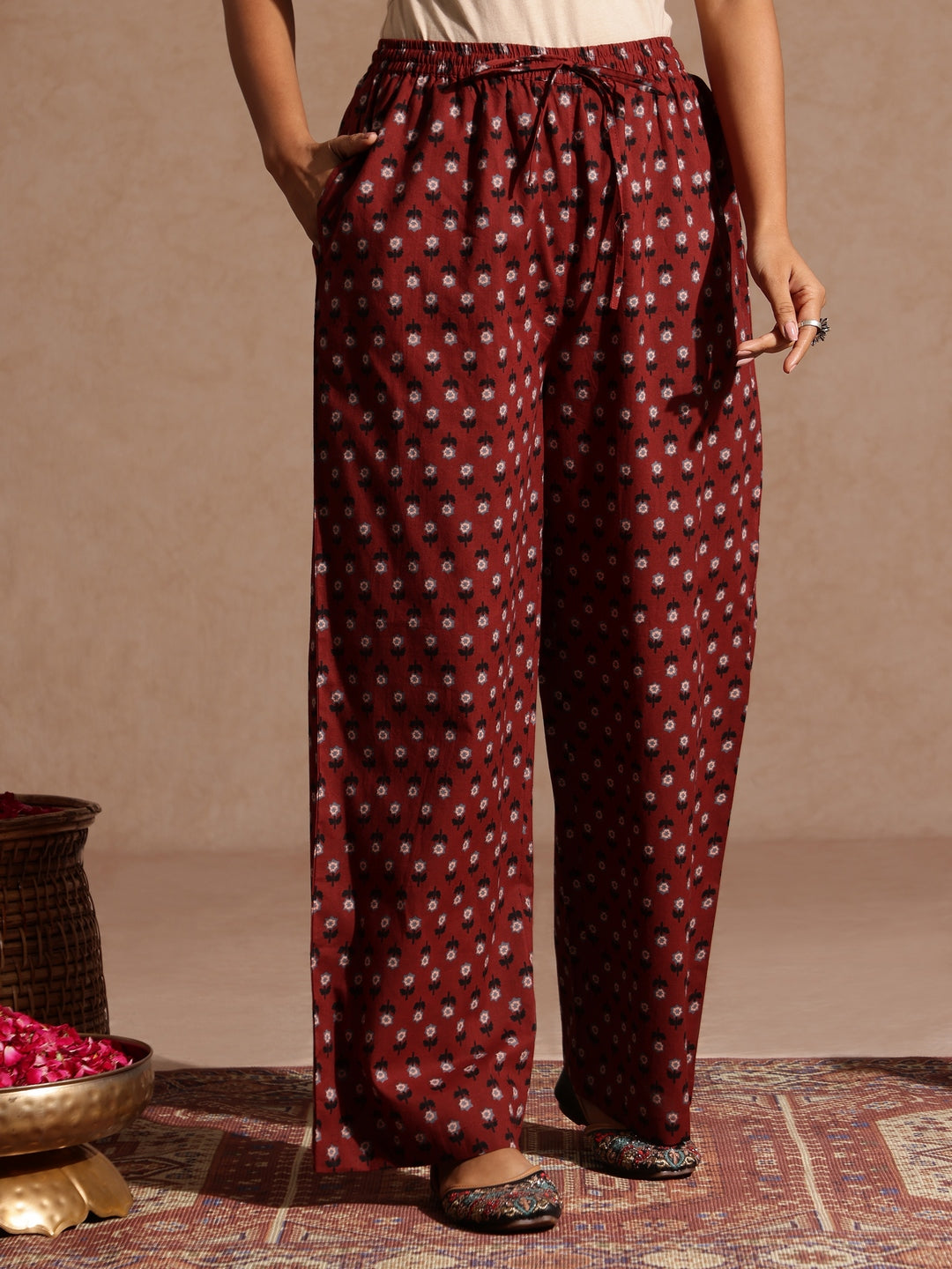 Women's Maroon Pure Cotton Floral Printed Straight Kurta Set