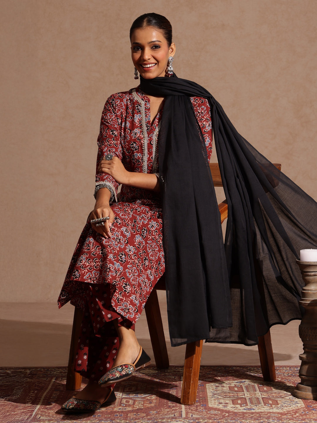 Women's Maroon Pure Cotton Floral Printed Straight Kurta Set