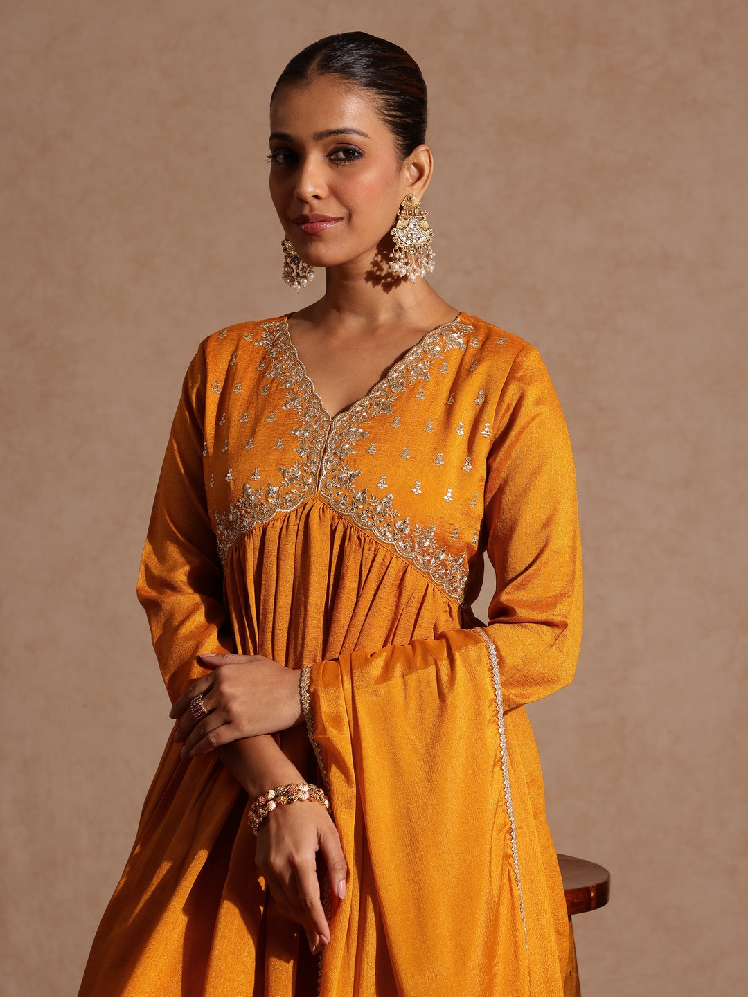 Women's Mustard Silk Blend Zari Yoke Embroidered A-line Kurta Set