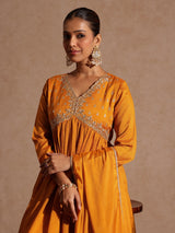 Women's Mustard Silk Blend Zari Yoke Embroidered A-line Kurta Set