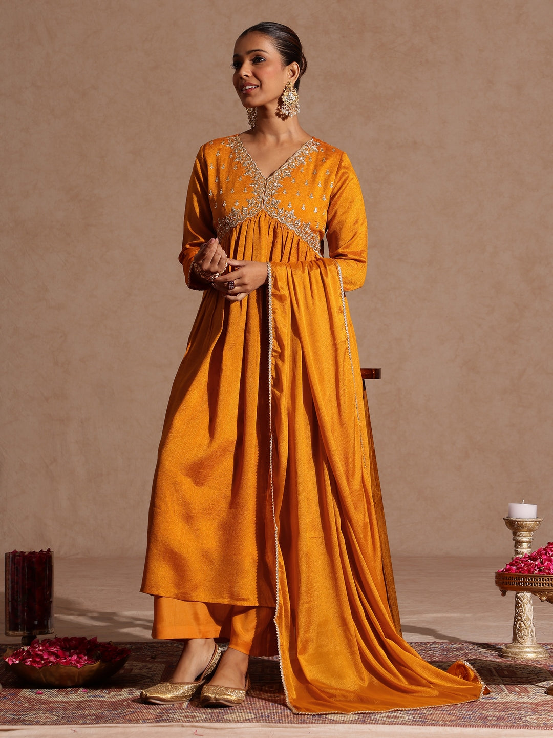 Women's Mustard Silk Blend Zari Yoke Embroidered A-line Kurta Set