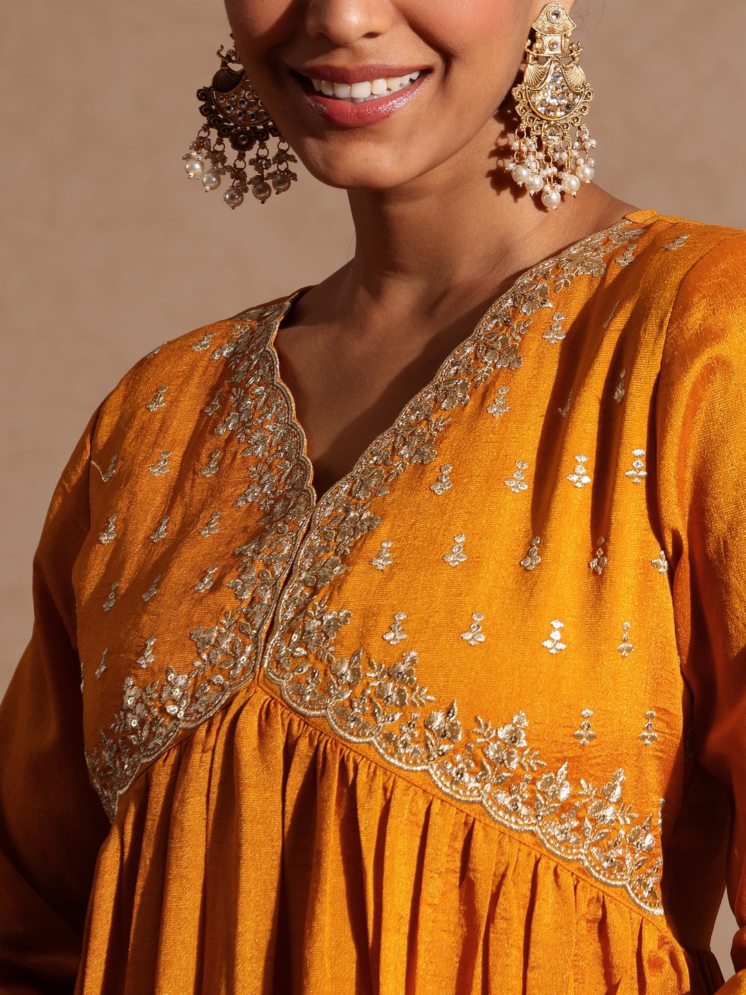 Women's Mustard Silk Blend Zari Yoke Embroidered A-line Kurta Set