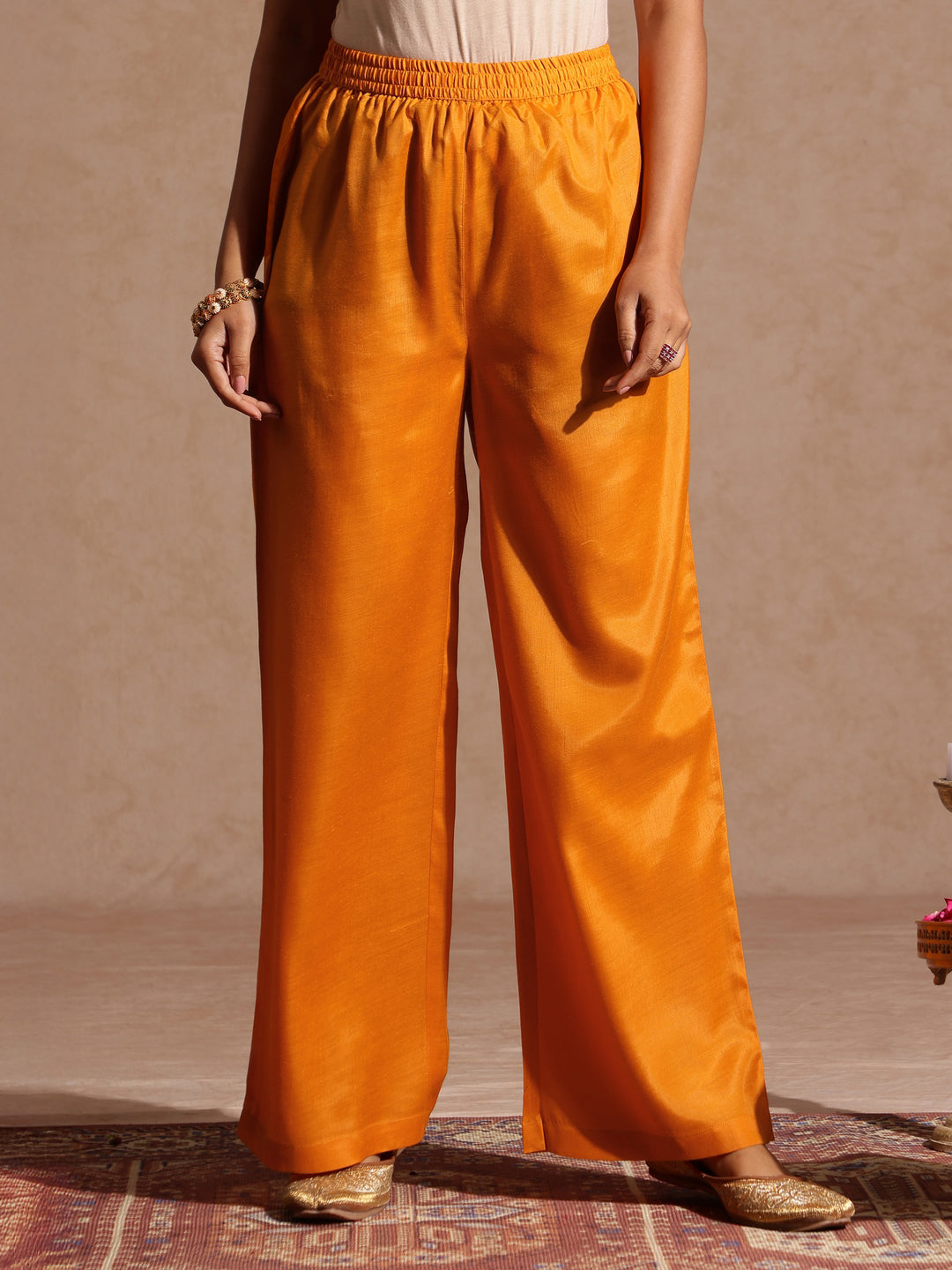 Women's Mustard Silk Blend Zari Yoke Embroidered A-line Kurta Set