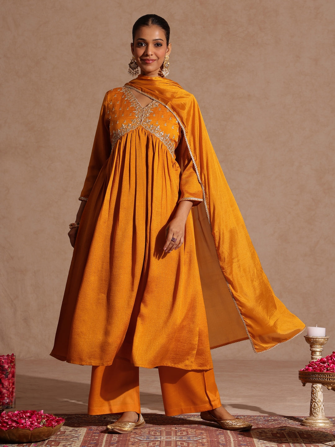 Women's Mustard Silk Blend Zari Yoke Embroidered A-line Kurta Set