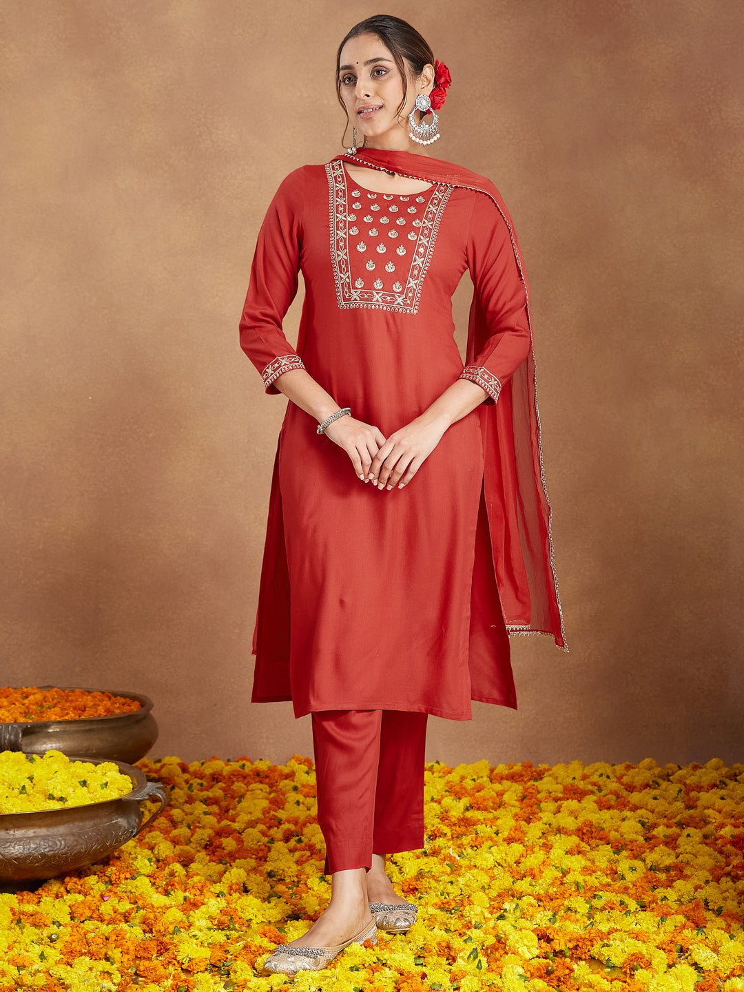 Women's Red Rayon Yoke Embroidered Straight Kurta Set