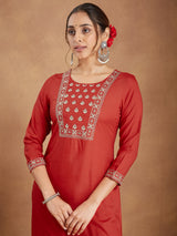 Women's Red Rayon Yoke Embroidered Straight Kurta Set