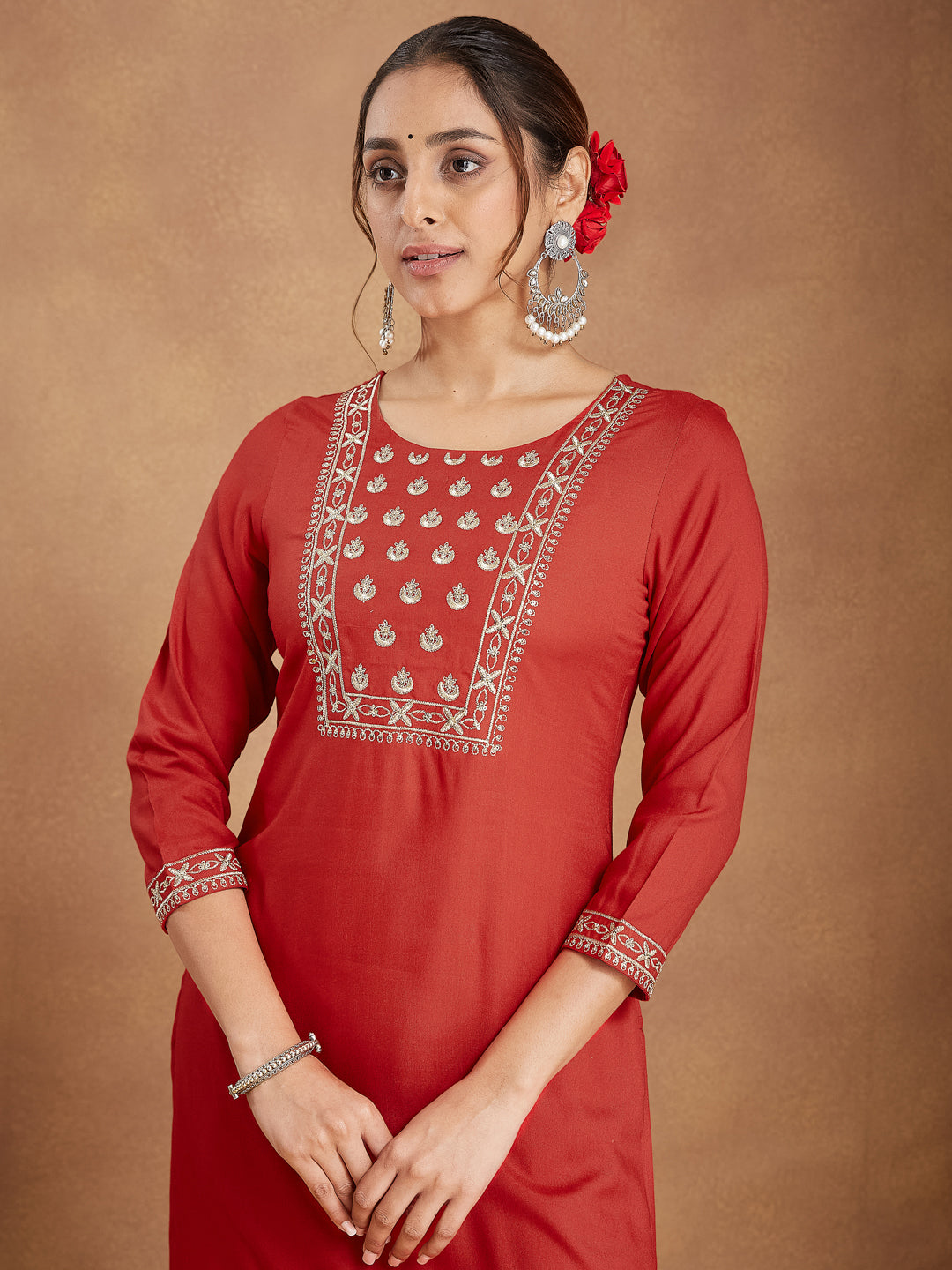 Women's Red Rayon Yoke Embroidered Straight Kurta Set