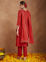 Women's Red Rayon Yoke Embroidered Straight Kurta Set