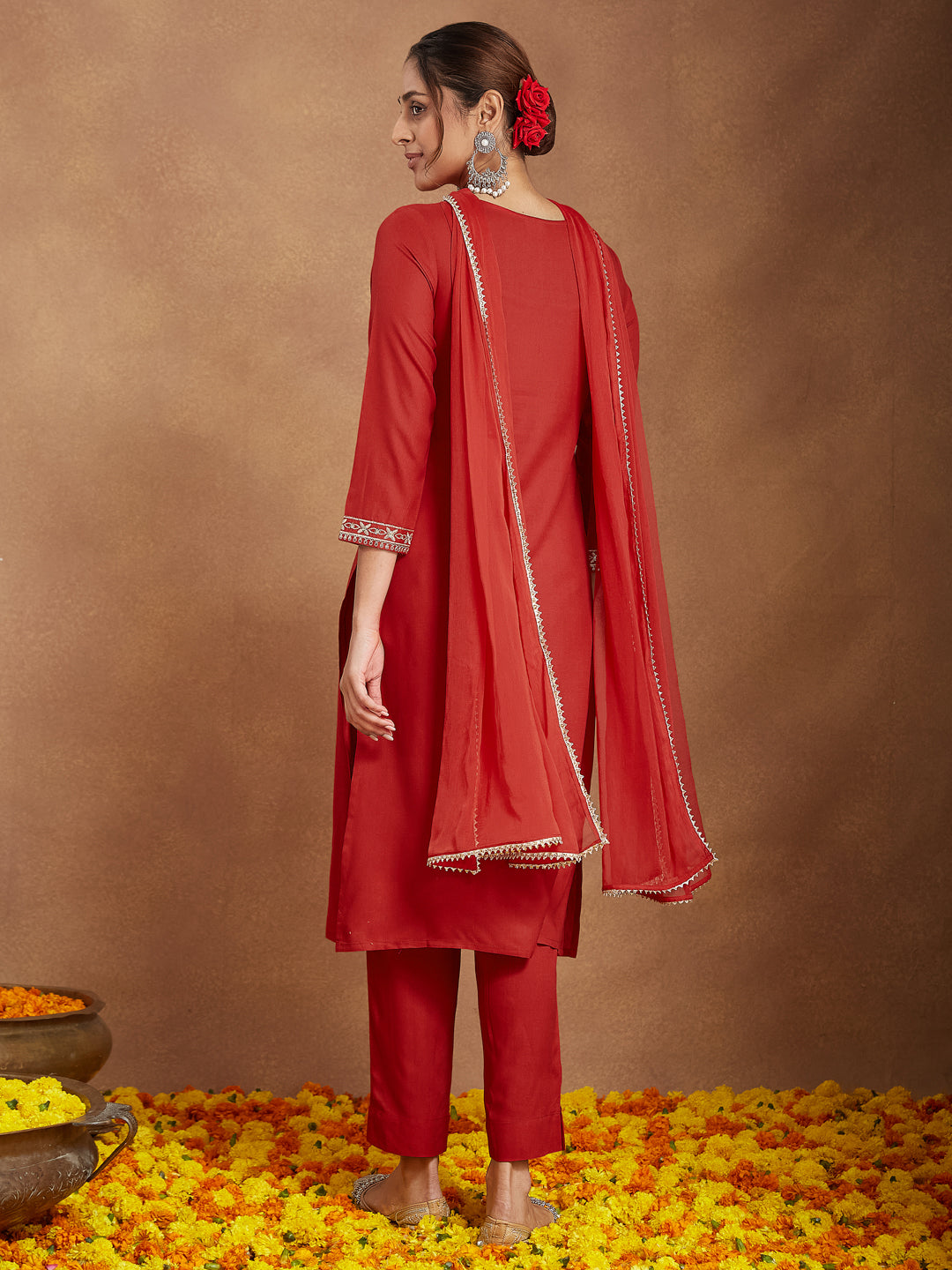 Women's Red Rayon Yoke Embroidered Straight Kurta Set
