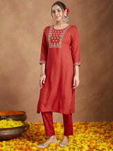 Women's Red Rayon Yoke Embroidered Straight Kurta Set