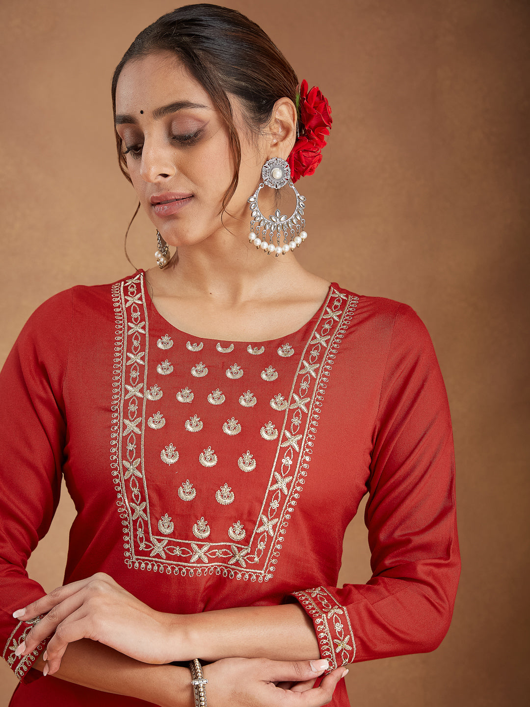 Women's Red Rayon Yoke Embroidered Straight Kurta Set