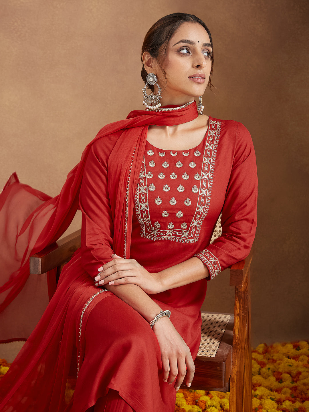 Women's Red Rayon Yoke Embroidered Straight Kurta Set
