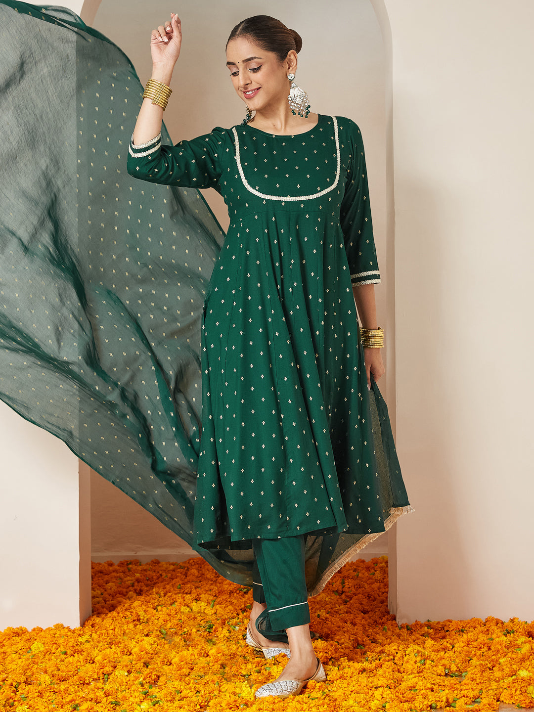 Women's Dark Green Rayon Gold Printed Anarkali Kurta Set