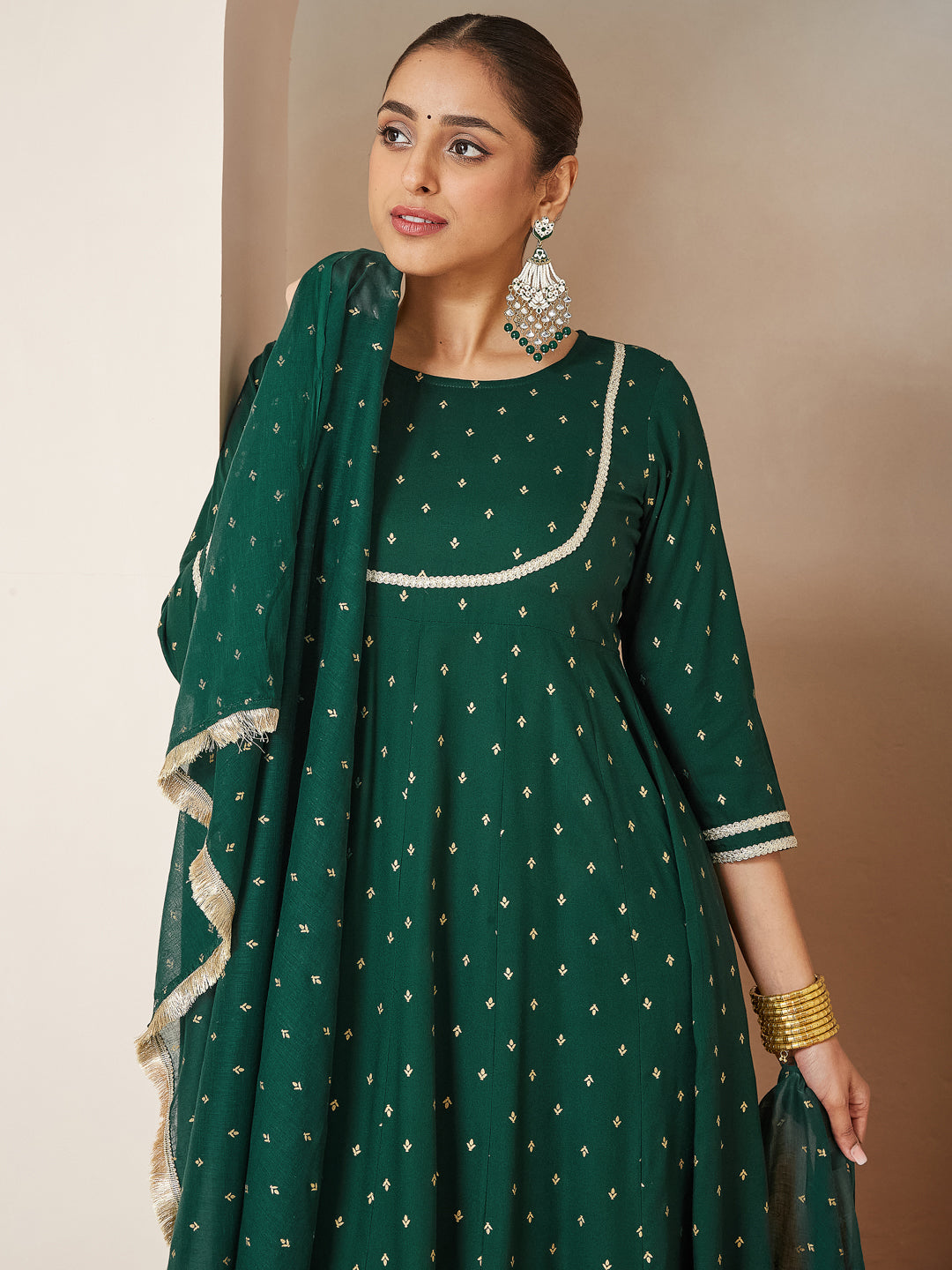 Women's Dark Green Rayon Gold Printed Anarkali Kurta Set