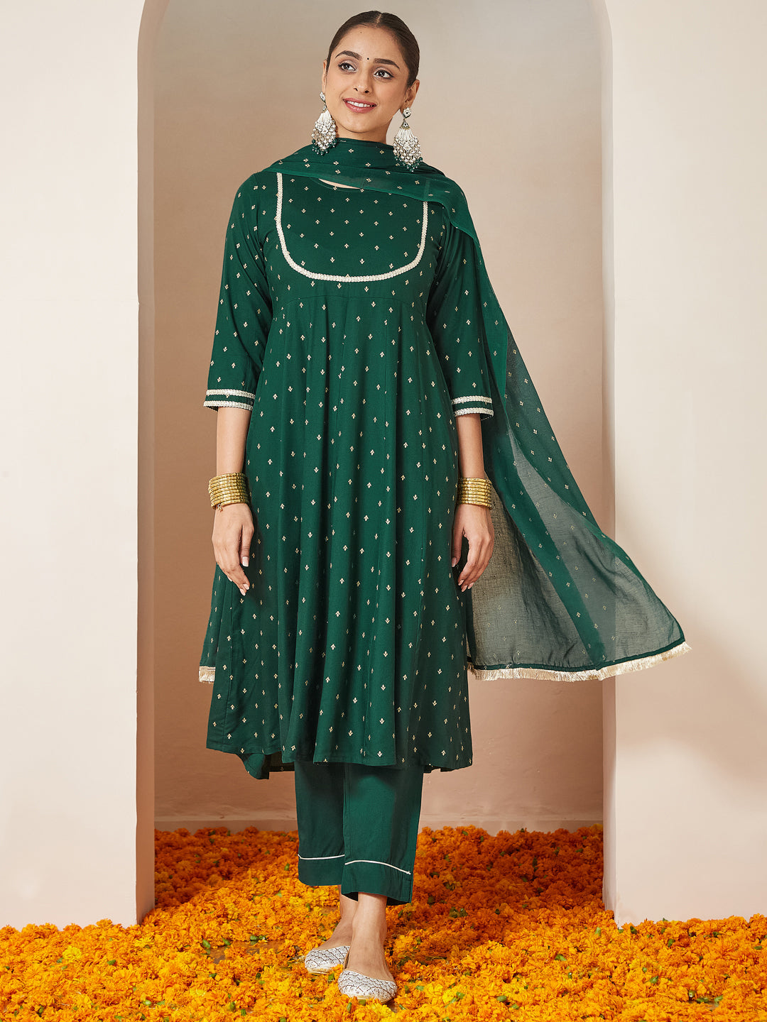 Women's Dark Green Rayon Gold Printed Anarkali Kurta Set