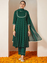 Women's Dark Green Rayon Gold Printed Anarkali Kurta Set