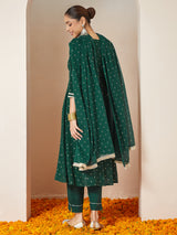 Women's Dark Green Rayon Gold Printed Anarkali Kurta Set