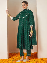 Women's Dark Green Rayon Gold Printed Anarkali Kurta Set