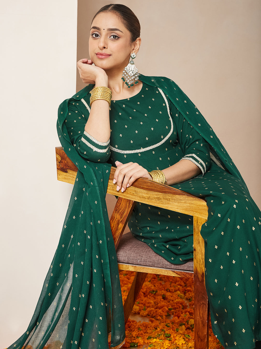 Women's Dark Green Rayon Gold Printed Anarkali Kurta Set