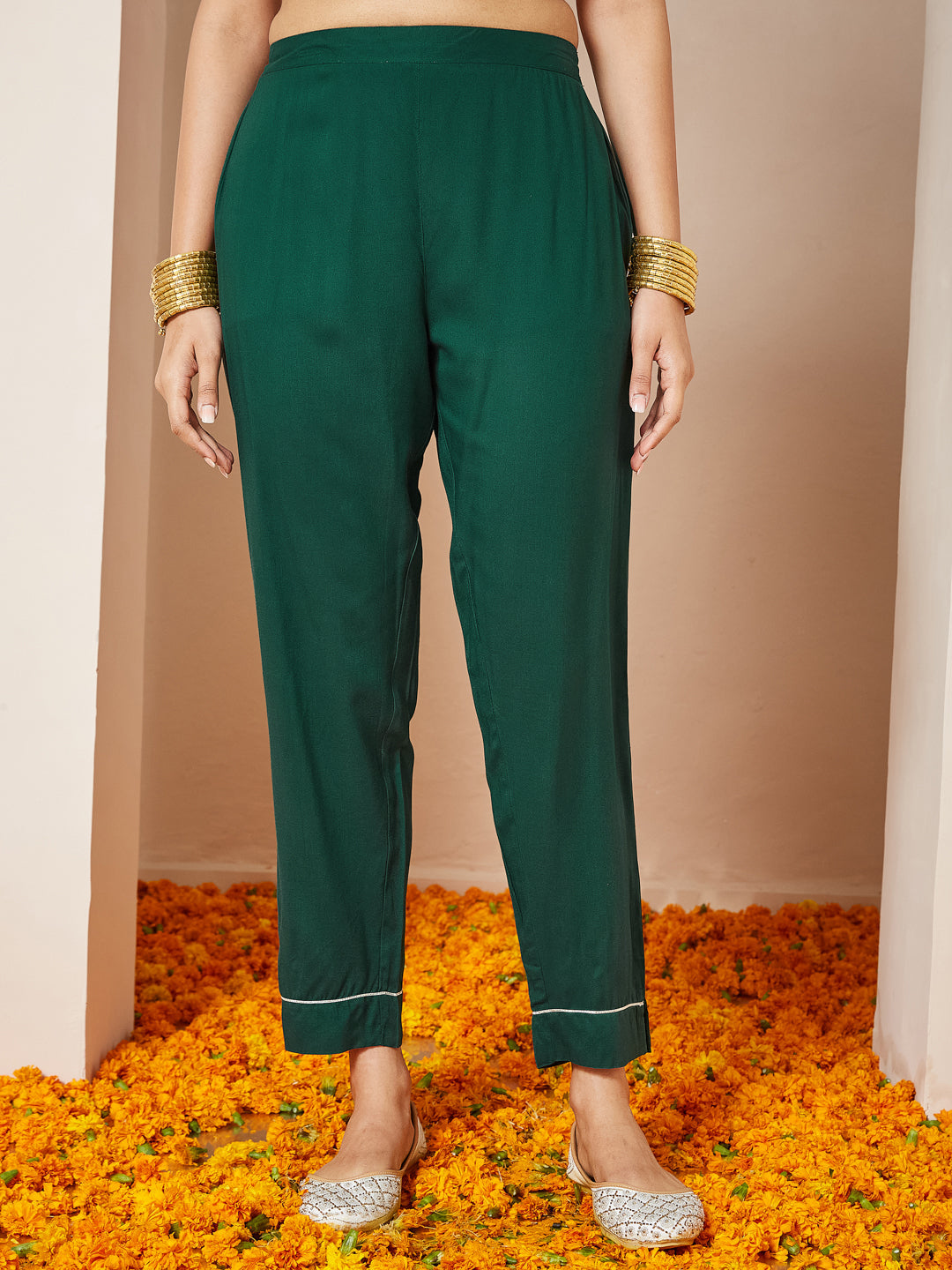 Women's Dark Green Rayon Gold Printed Anarkali Kurta Set