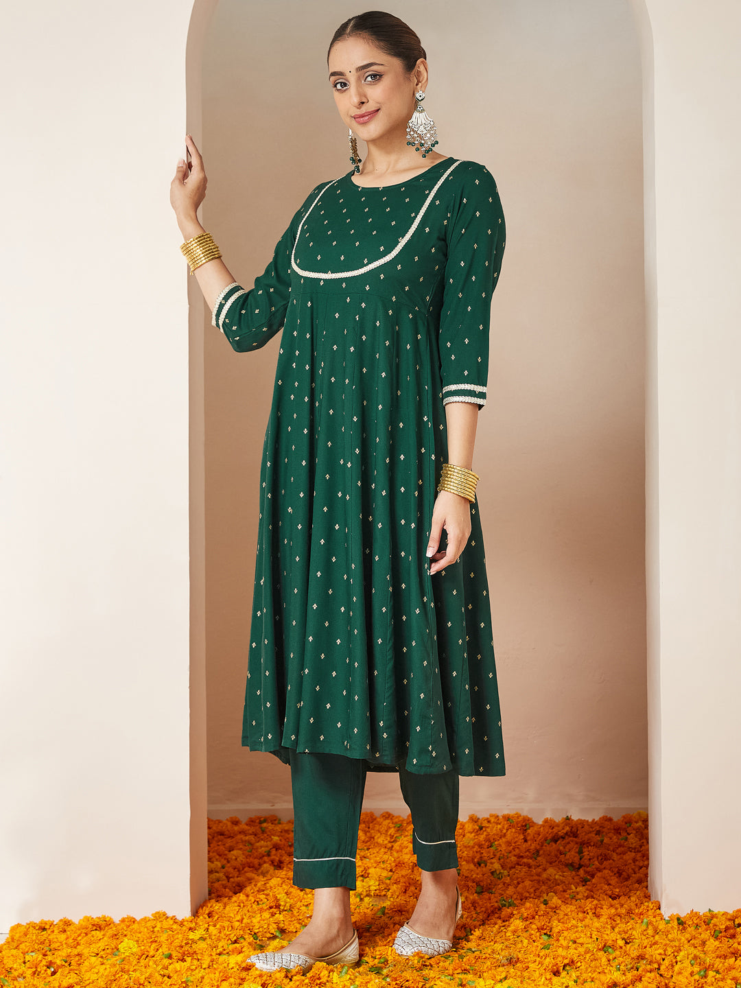Women's Dark Green Rayon Gold Printed Anarkali Kurta Set