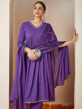 Women's Purple Pure Cotton Embellished A-line Kurta Set