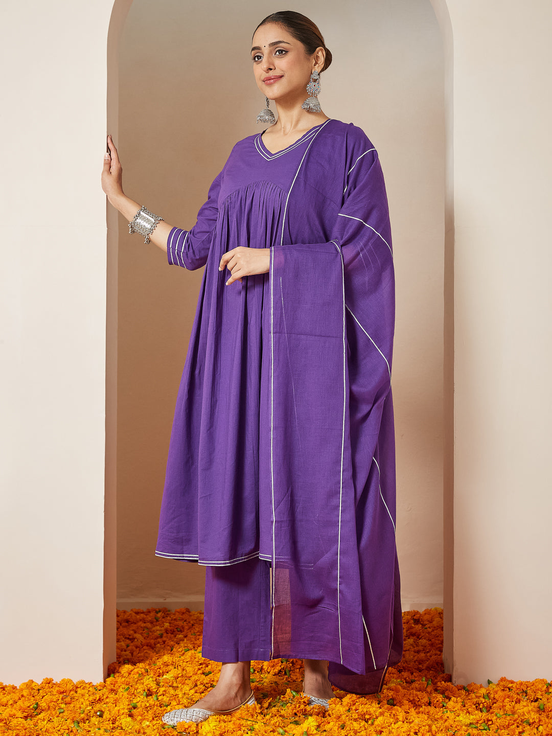 Women's Purple Pure Cotton Embellished A-line Kurta Set