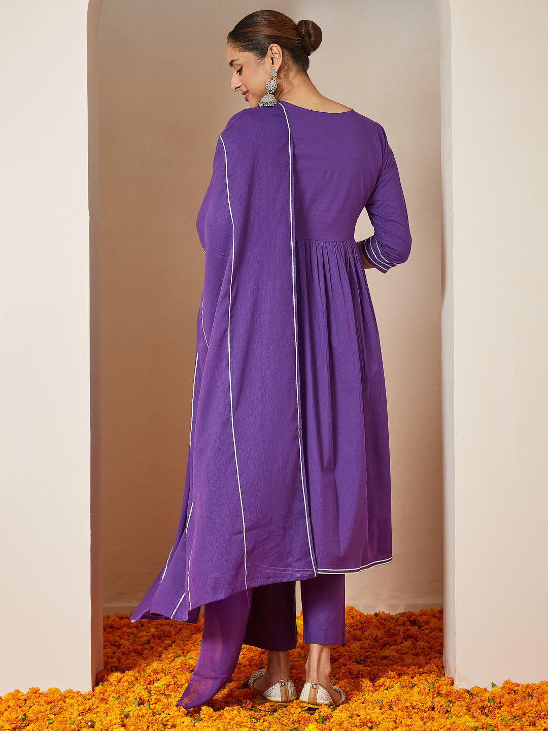 Women's Purple Pure Cotton Embellished A-line Kurta Set
