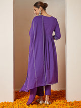 Women's Purple Pure Cotton Embellished A-line Kurta Set