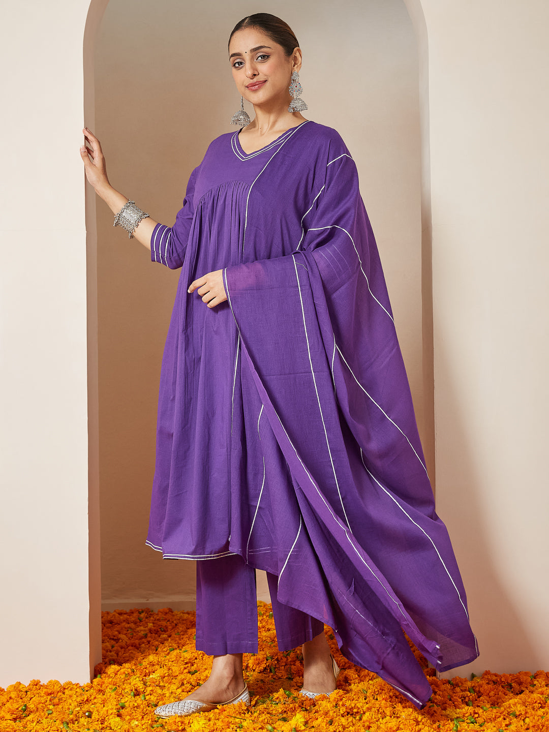 Women's Purple Pure Cotton Embellished A-line Kurta Set