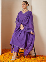 Women's Purple Pure Cotton Embellished A-line Kurta Set