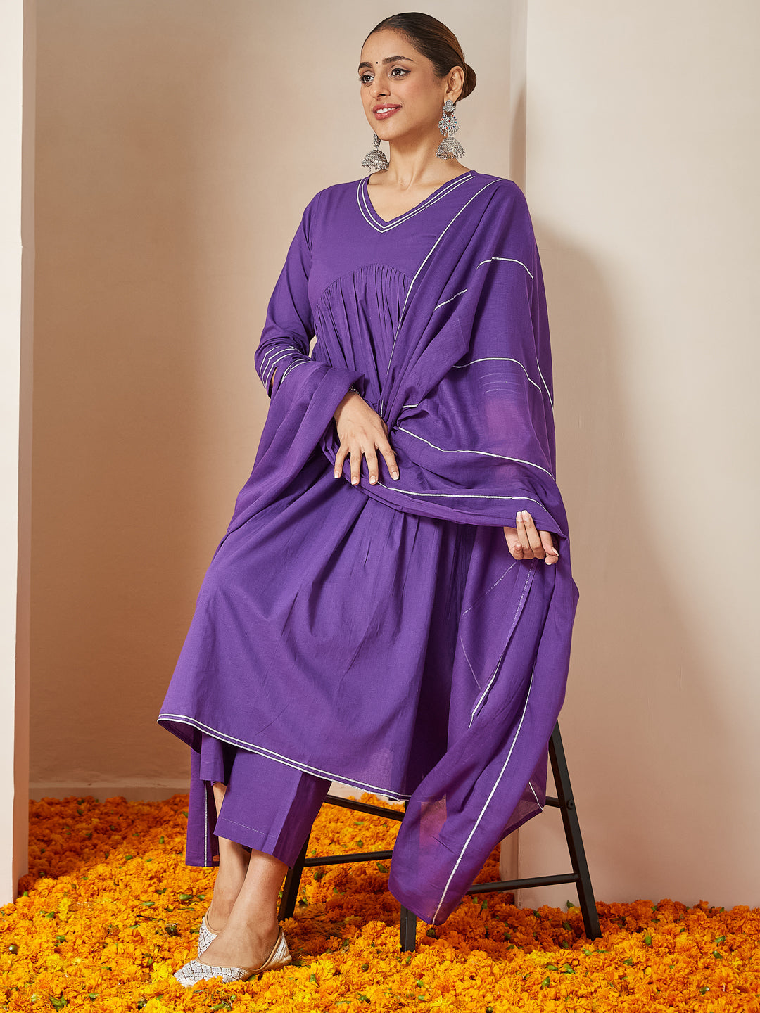 Women's Purple Pure Cotton Embellished A-line Kurta Set
