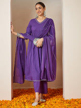 Women's Purple Pure Cotton Embellished A-line Kurta Set