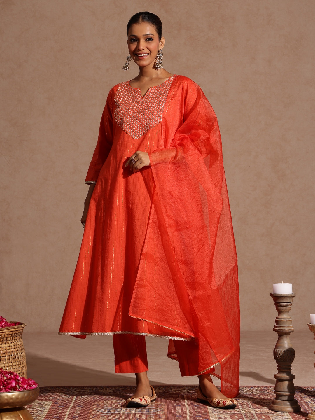 Women's Orange Pure Cotton Yoke Zari Embroidered A-line Kurta Set