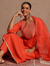 Women's Orange Pure Cotton Yoke Zari Embroidered A-line Kurta Set