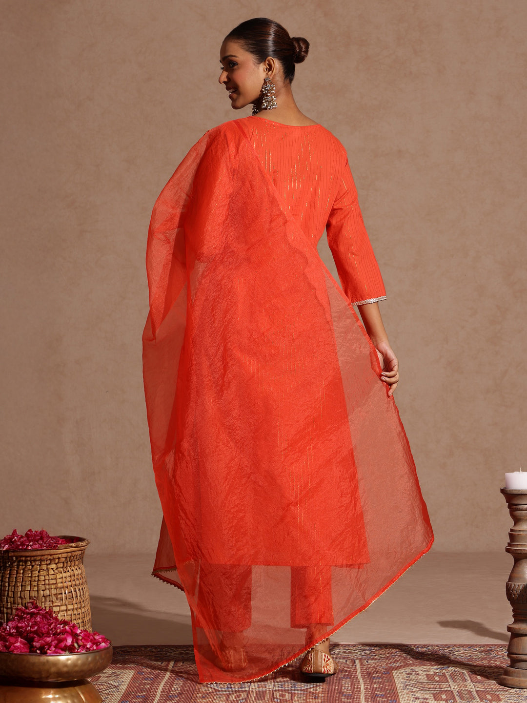 Women's Orange Pure Cotton Yoke Zari Embroidered A-line Kurta Set